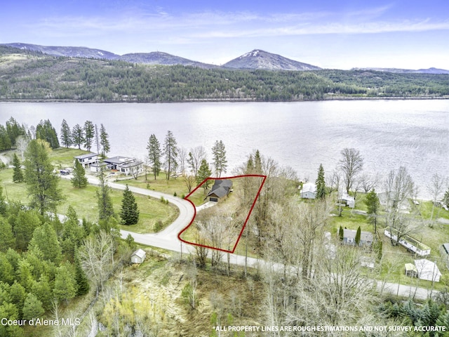 aerial view featuring a view of trees and a water and mountain view