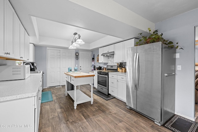 kitchen featuring appliances with stainless steel finishes, under cabinet range hood, a tray ceiling, white cabinetry, and dark wood-style floors