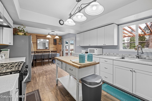 kitchen featuring white microwave, a sink, gas range, healthy amount of natural light, and wood walls