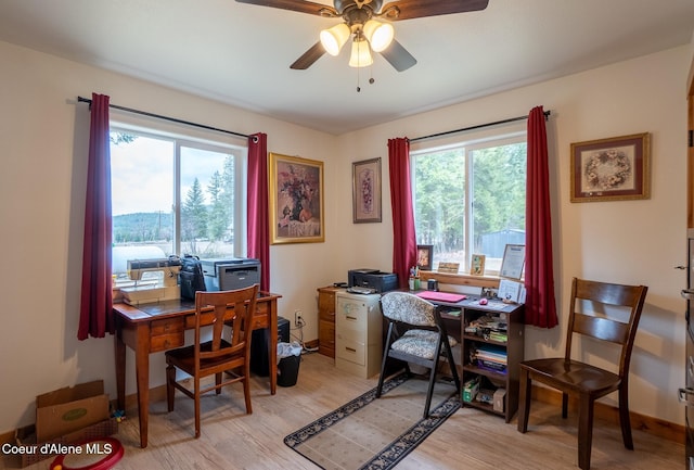 office with baseboards, ceiling fan, and light wood-style floors