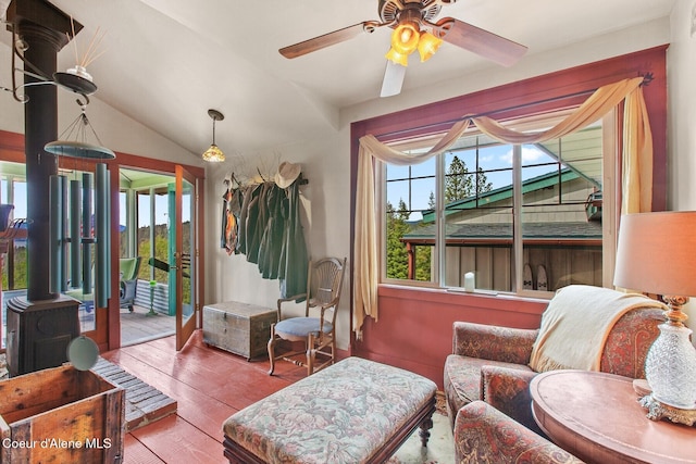 3467 E Sunset Dr, Harrison, ID 83833 - living area featuring a ceiling fan, wood-type flooring, and lofted ceiling