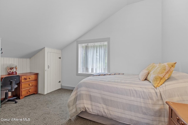 3467 E Sunset Dr, Harrison, ID 83833 - carpeted bedroom featuring lofted ceiling