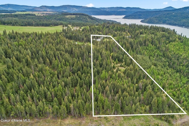 3467 E Sunset Dr, Harrison, ID 83833 - aerial overview of property's location featuring a water and mountain view and property parcel outlined