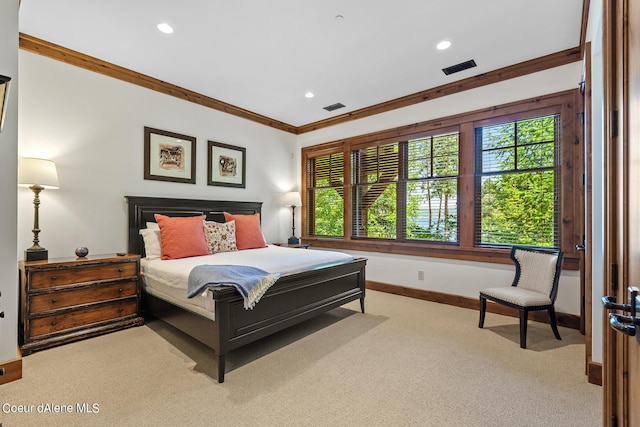 4669 S Arrow Point Dr # 210, Harrison, ID 83833 - carpeted bedroom with baseboards, ornamental molding, visible vents, and recessed lighting