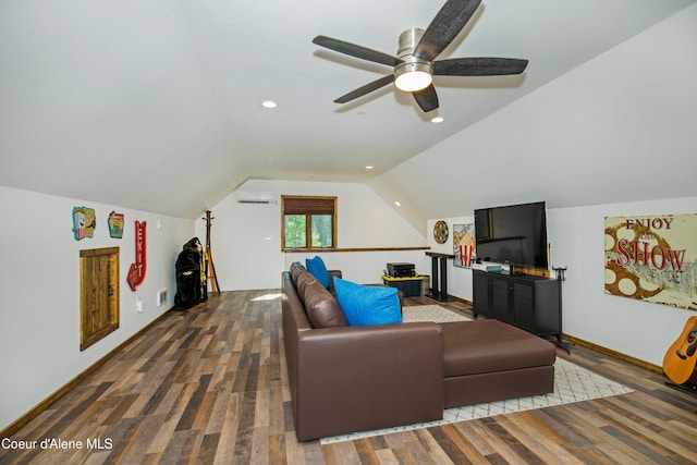 living area with a ceiling fan, baseboards, vaulted ceiling, and wood finished floors