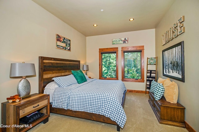 bedroom featuring baseboards, carpet floors, and recessed lighting