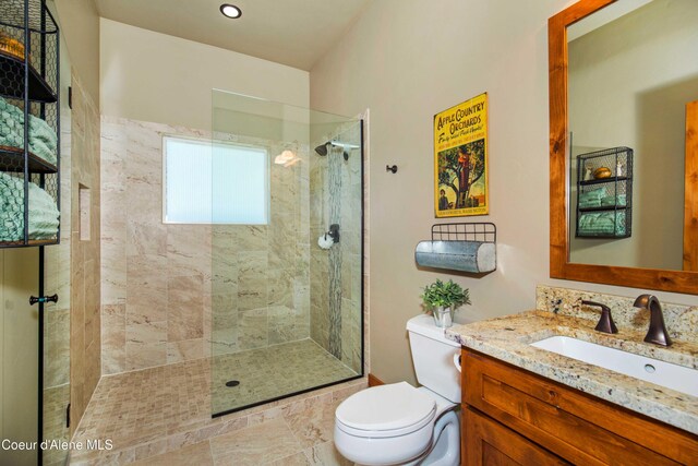 bathroom featuring toilet, a walk in shower, and vanity