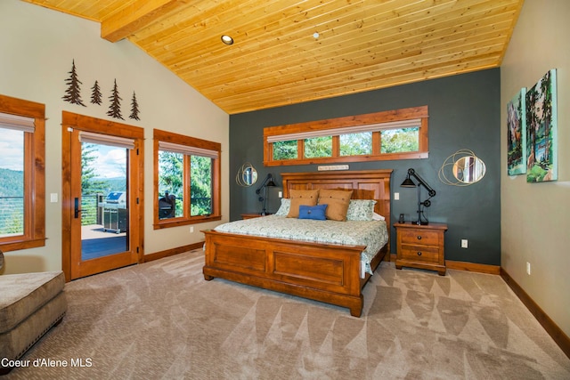bedroom with baseboards, access to exterior, wooden ceiling, and light carpet