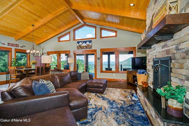 living room with high vaulted ceiling, beamed ceiling, wood finished floors, an inviting chandelier, and wood ceiling