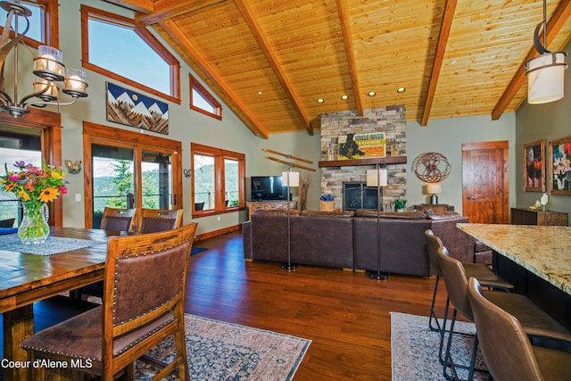 dining space featuring high vaulted ceiling, wooden ceiling, a stone fireplace, beamed ceiling, and hardwood / wood-style floors