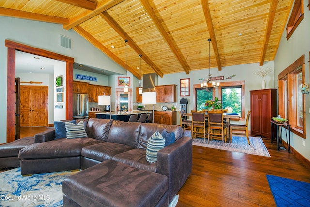 living area with an inviting chandelier, high vaulted ceiling, dark wood-type flooring, beam ceiling, and visible vents