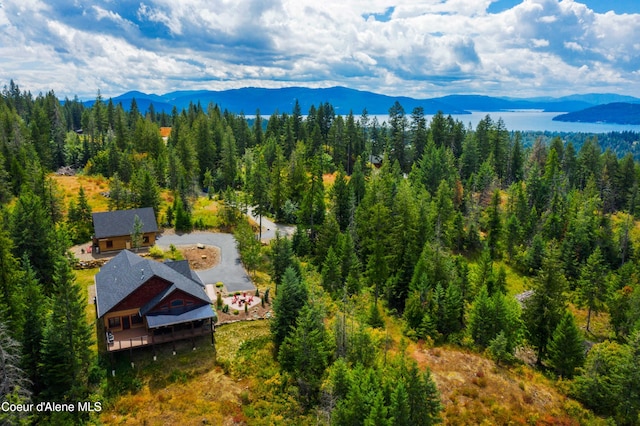 birds eye view of property featuring a wooded view and a mountain view