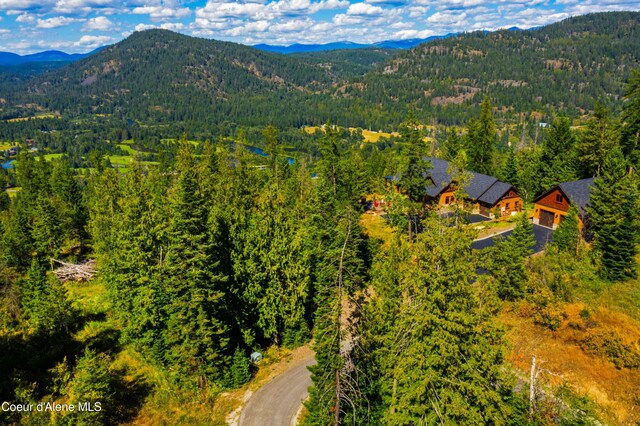 birds eye view of property featuring a mountain view and a forest view