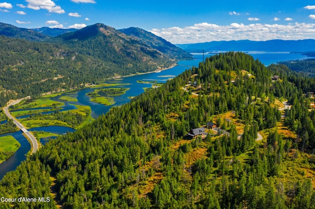 bird's eye view with a water and mountain view and a forest view