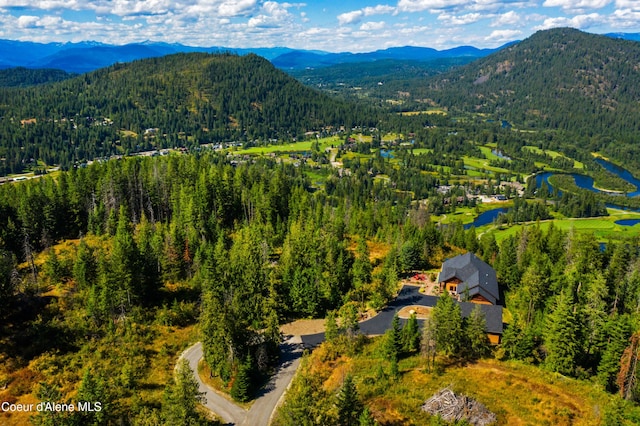 drone / aerial view featuring a wooded view and a mountain view