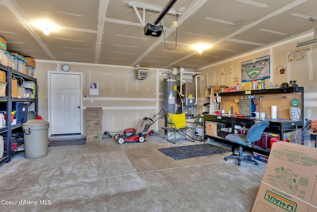 12379 N Cavanaugh Dr, Rathdrum, ID 83858 - garage featuring a garage door opener, a workshop area, electric water heater, and heating unit
