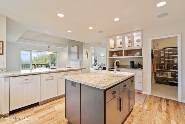 kitchen featuring an island with sink, light stone counters, a sink, dishwashing machine, and light wood-style flooring