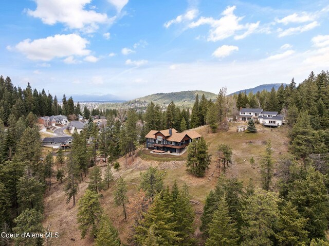 drone / aerial view with a wooded view and a mountain view