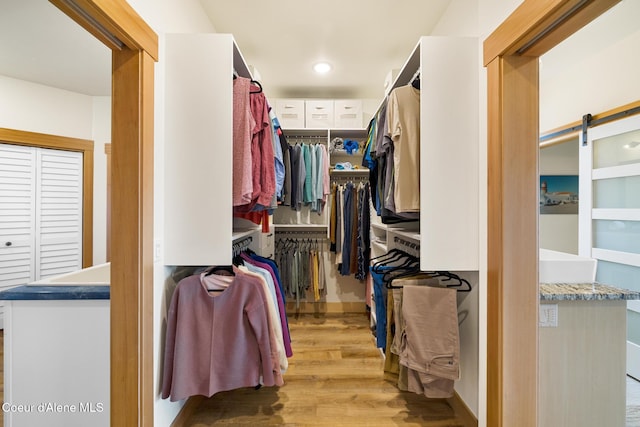 walk in closet with light wood-style flooring