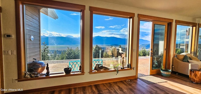 interior space with baseboards, a mountain view, and wood finished floors