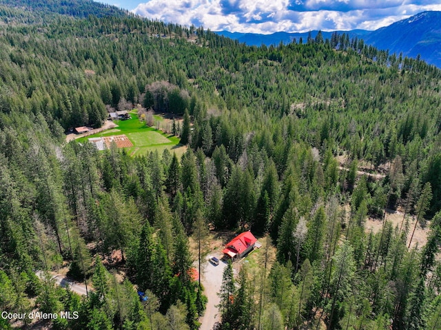 drone / aerial view with a mountain view and a forest view