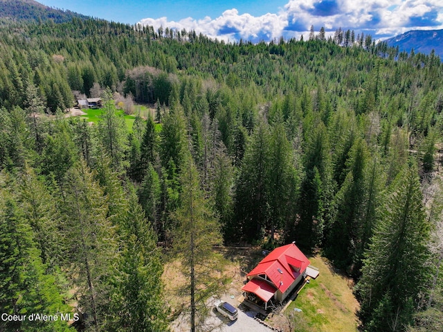 birds eye view of property with a mountain view and a view of trees
