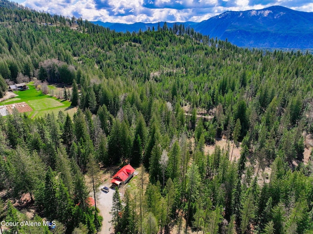 drone / aerial view with a mountain view and a forest view