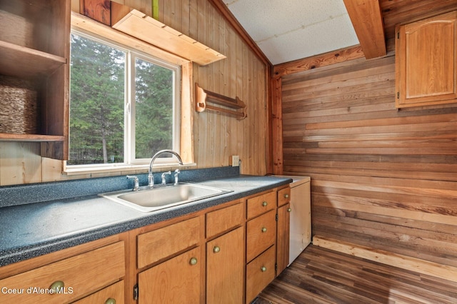 kitchen with dark wood-style flooring, a sink, dark countertops, and wood walls