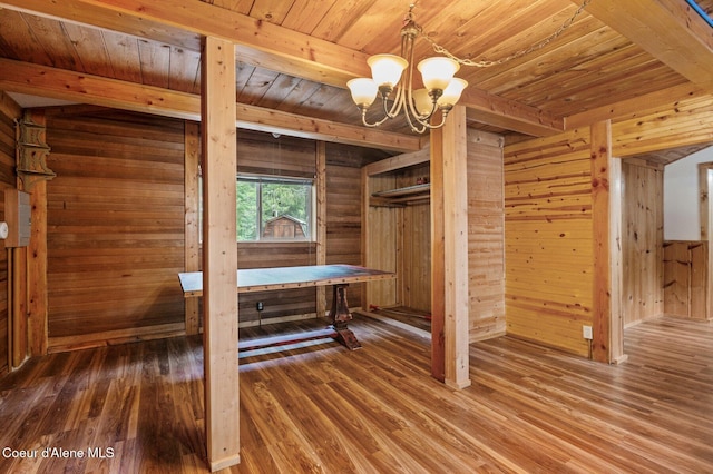 unfurnished bedroom with wooden walls, wood finished floors, wood ceiling, and an inviting chandelier