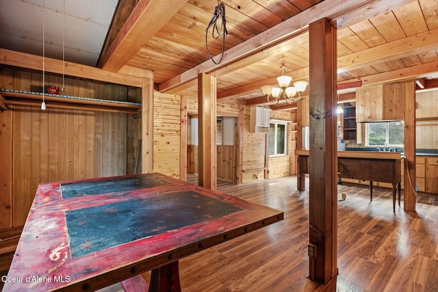 interior space featuring wooden ceiling, wood walls, beamed ceiling, and wood finished floors