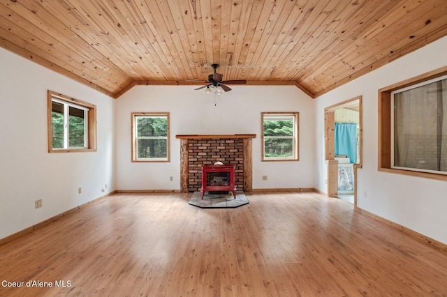 unfurnished living room with wood finished floors, ceiling fan, and wooden ceiling