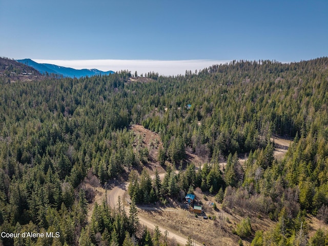 drone / aerial view featuring a forest view and a mountain view