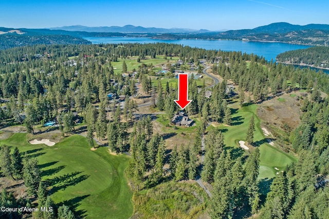 2623 E Old Barn Ct, Harrison, ID 83833 - birds eye view of property featuring a water and mountain view, a wooded view, and view of golf course