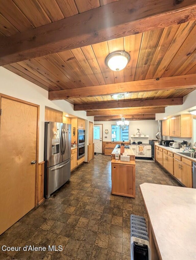 kitchen with beam ceiling, a chandelier, a center island, stainless steel appliances, and wood ceiling