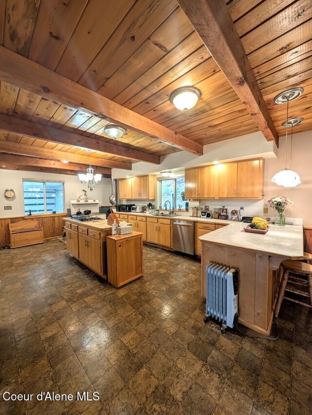 kitchen featuring beam ceiling, dishwasher, light countertops, a peninsula, and wooden ceiling