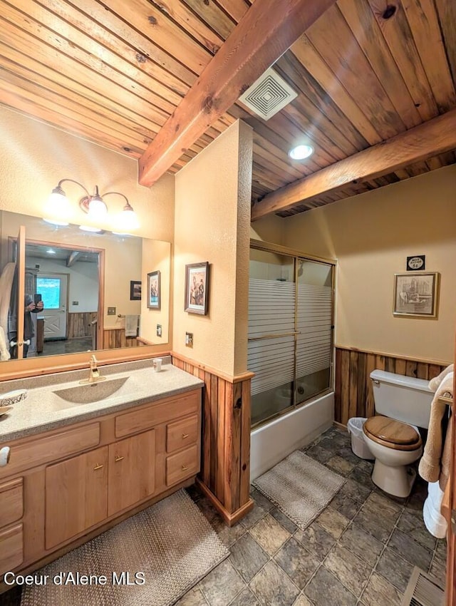bathroom with wood walls, wainscoting, toilet, and wooden ceiling