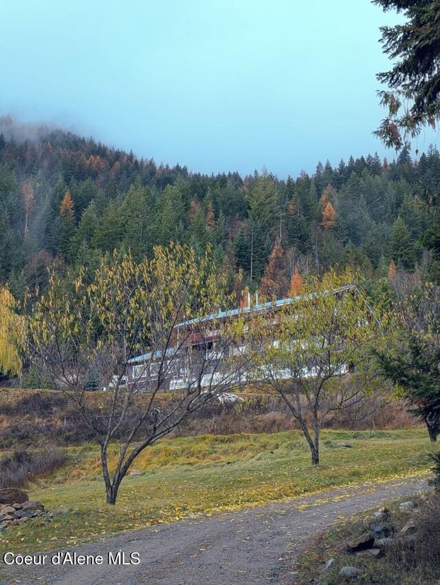 exterior space featuring a wooded view
