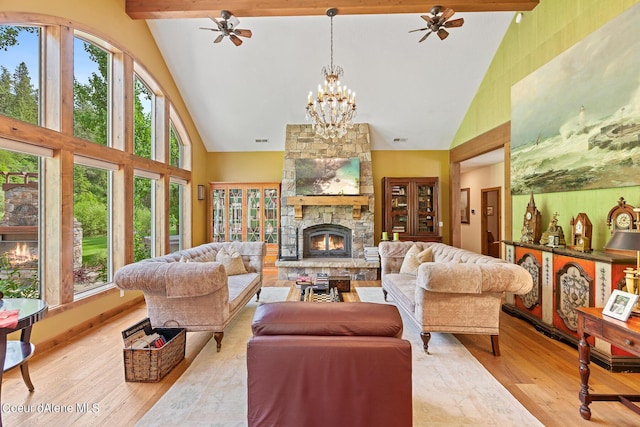 1990 S Gateway Ranch Rd, Coeur Dalene, ID 83814 - living room with ceiling fan with notable chandelier, wood finished floors, a fireplace, and beam ceiling