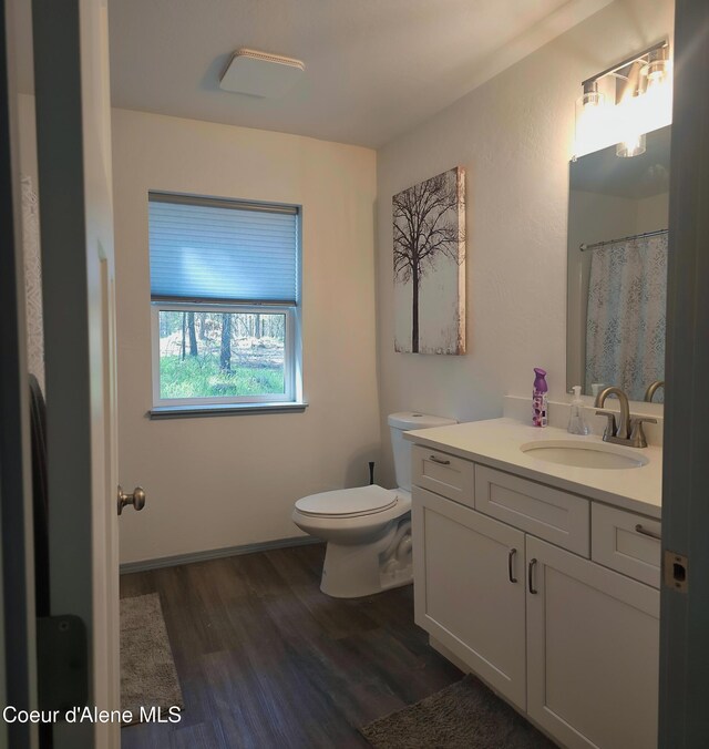 full bathroom featuring wood finished floors, toilet, and vanity