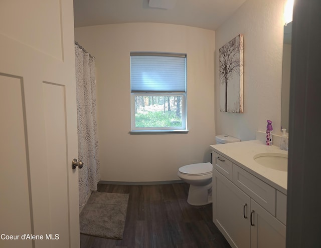full bathroom with toilet, wood finished floors, and vanity