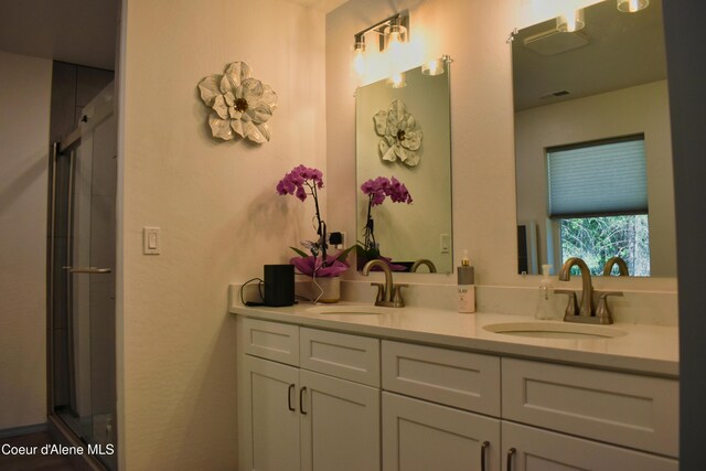 bathroom with double vanity, a sink, and a stall shower