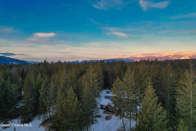 birds eye view of property with a wooded view and a mountain view