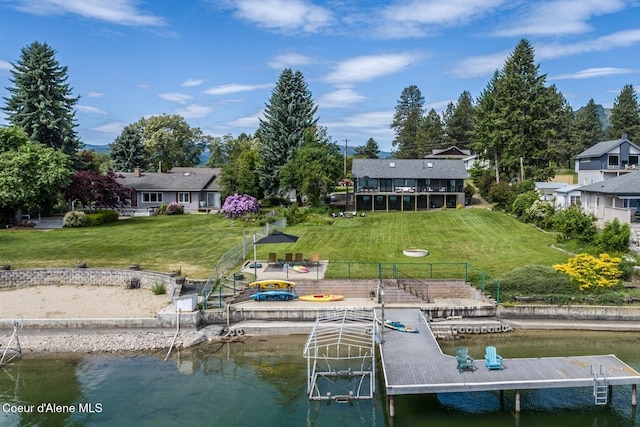 475 Campbell Point Rd, Laclede, ID 83841 - dock area featuring a water view, a lawn, and boat lift