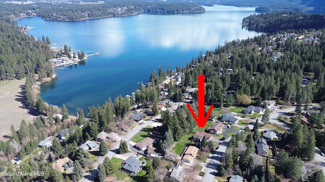 birds eye view of property with a wooded view and a water view