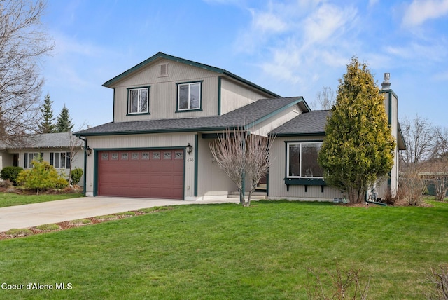 traditional home featuring driveway, a shingled roof, a garage, and a front lawn