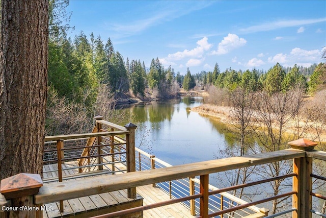 view of dock featuring a view of trees and a water view