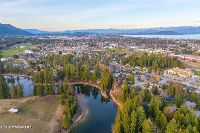 birds eye view of property featuring a water and mountain view