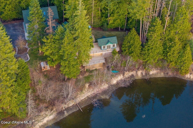 birds eye view of property featuring a water view and a forest view
