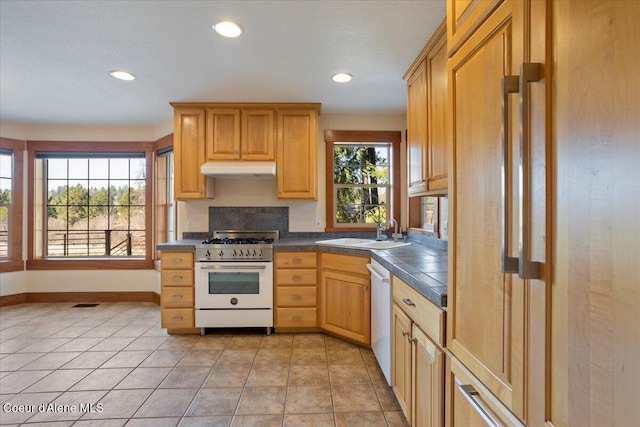 kitchen featuring baseboards, white appliances, light tile patterned floors, under cabinet range hood, and a sink