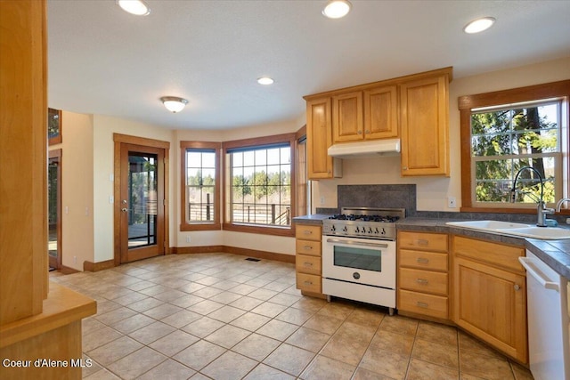 kitchen with a sink, dark countertops, white appliances, under cabinet range hood, and recessed lighting